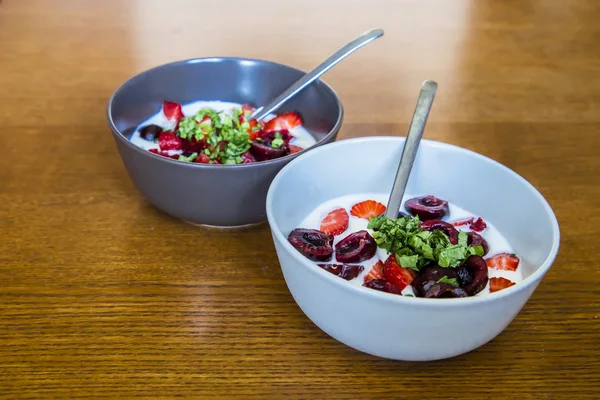 healthy yogurt with cherries and strawberry