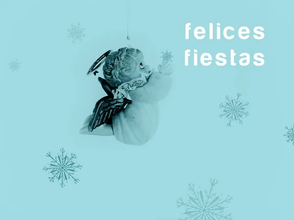 Angel Feliz Navidad Español Palabras Tarjeta Felicitación Azul — Foto de Stock