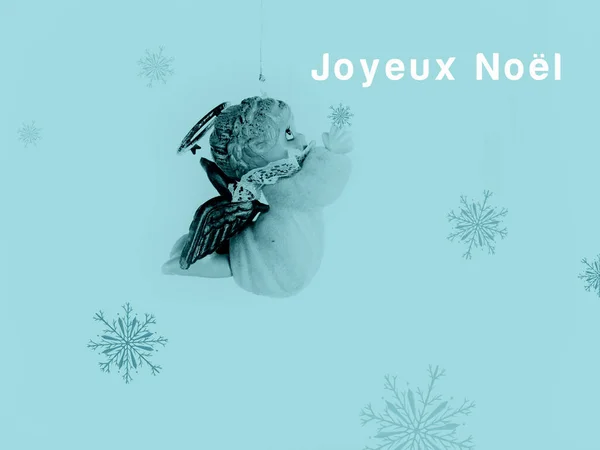 Άγγελος Καλά Χριστούγεννα Γαλλικές Λέξεις Χαιρετισμοί Μπλε Κάρτα — Φωτογραφία Αρχείου
