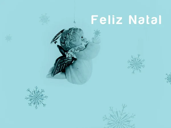 Άγγελος Καλά Χριστούγεννα Πορτογαλικές Λέξεις Χαιρετισμοί Μπλε Κάρτα — Φωτογραφία Αρχείου