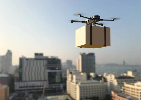 Drone şehre paket getiriyor. İş hava taşımacılığı. İnsansız uçak robotu konsepti. Hızlı hava nakliyesi. 3B illüstrasyon
