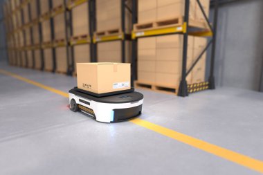 Depolarda otonom robot taşımacılığı, Depo otomasyon konsepti. 3B illüstrasyon