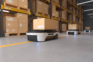 Depolarda otonom robot taşımacılığı, Depo otomasyon konsepti. 3B illüstrasyon