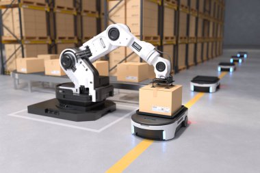 Robot kolu, Depo otomasyon konsepti olan depolarda Otonom Robot Taşımacılığına giden kutuyu alıyor. 3B illüstrasyon