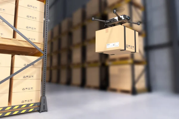 倉庫に無人機を運べ 3Dイラスト — ストック写真