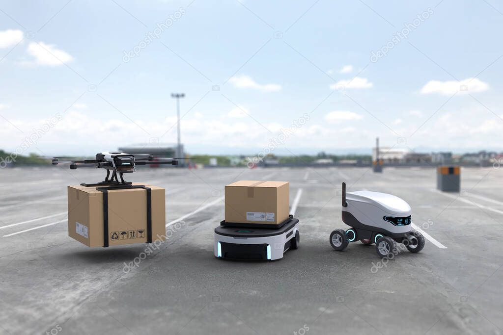 Autonomous delivery robot, Self-driving robot, Delivery drone, Business air transportation concept. 3D illustration