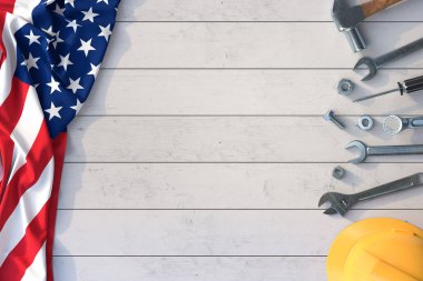 İşçi Bayramı, ahşap bir masada Amerikan bayrağı taşıyan bir takım mekanik aletler. 3B illüstrasyon