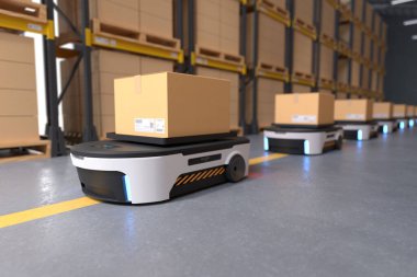 Depolarda otonom robot taşımacılığı, Depo otomasyon konsepti. 3B illüstrasyon