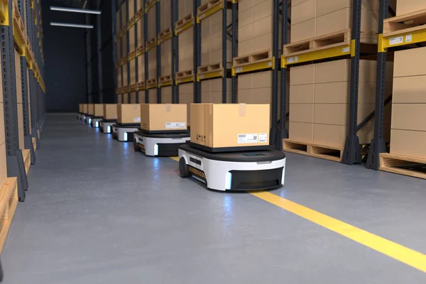 Autonomous Robot transportation in warehouses, Warehouse automation concept. 3D illustration