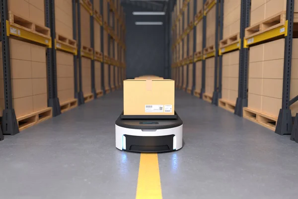 Autonomous Robot transportation in warehouses, Warehouse automation concept. 3D illustration