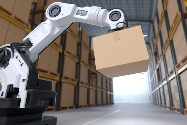 The Robot arm picks up the cardboard box in the warehouse, Automation robot arm in the storehouse. 3D illustration