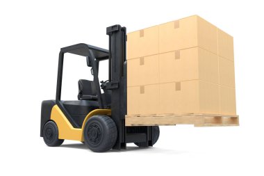 Forklift kamyonu beyaz arka planda karton kutular olan bir paleti kaldırıyor. 3B illüstrasyon