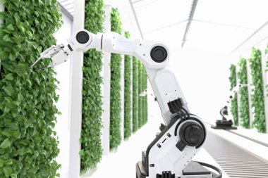Akıllı robot çiftçiler, robot çiftçiler, tarım teknolojisi, çiftlik otomasyonu. 3B illüstrasyon