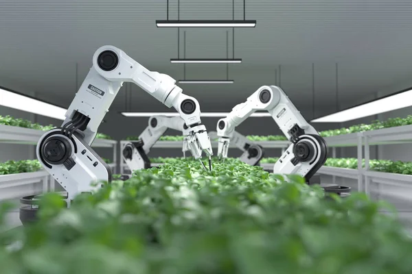 Akıllı robot çiftçiler, robot çiftçiler, tarım teknolojisi, çiftlik otomasyonu. 3B illüstrasyon