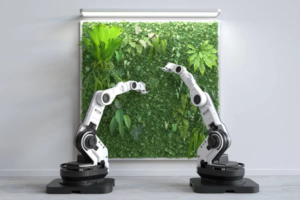 The futuristic robot is planting vertical plant garden, Agriculture technology, Farm automation, Smart robotic farmers. 3D illustration