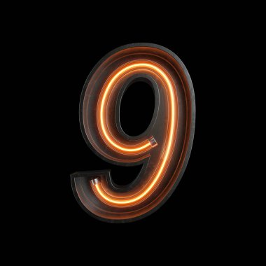 Neon ışık kırpma yoluyla yapılan 9 numara, alfabe. 3D çizim