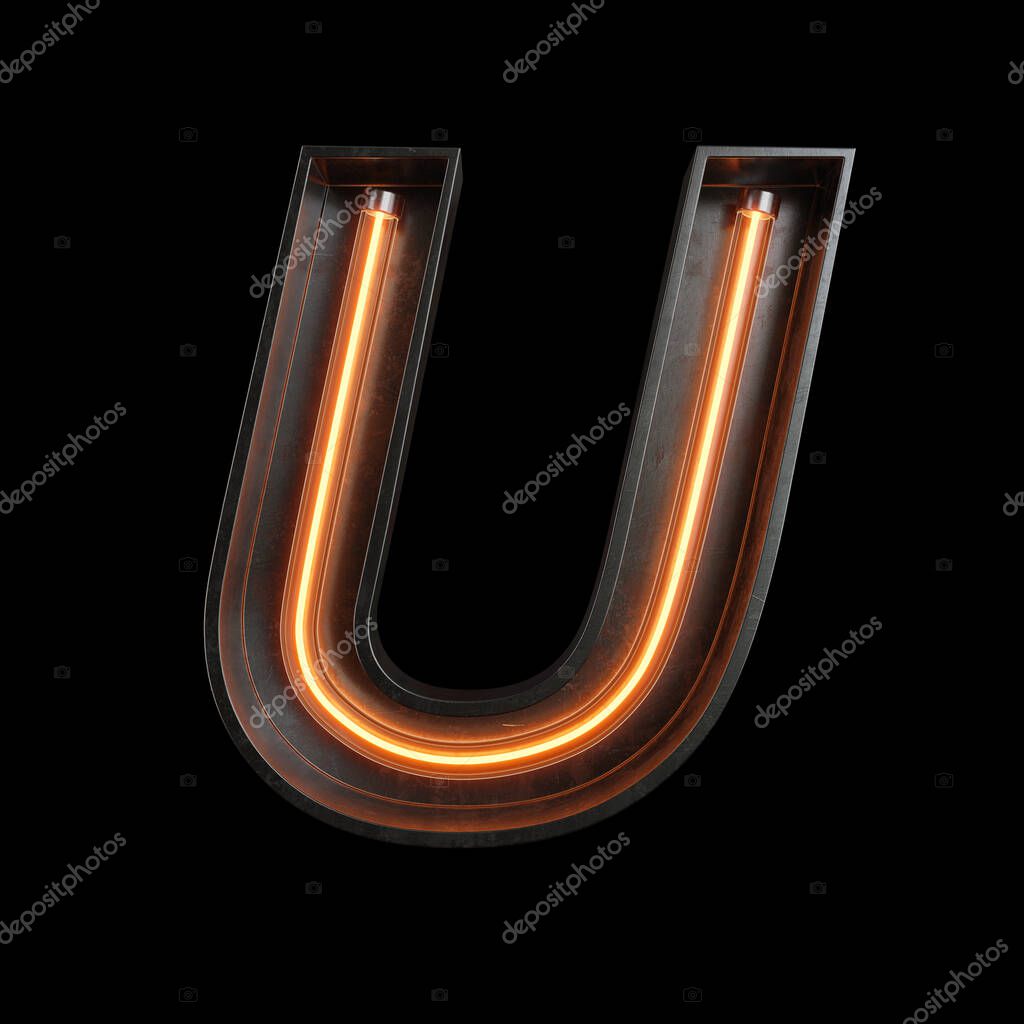 Neon Light Alphabet U with clipping path. 3D illustration