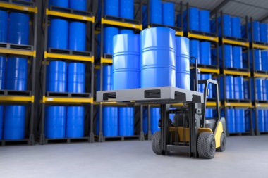 Forklift bir depodaki petrol tankını kaldırıyor. 3B illüstrasyon