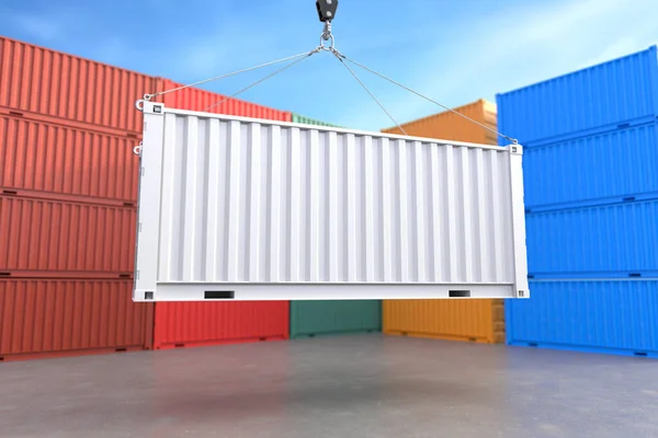 White Container Cargo Container Hanging Crane Hook Delivery Service Concept — Stock Photo, Image