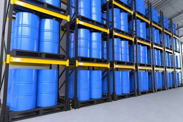 Blue barrels in the warehouse, Storage stock, Chemical warehouse. 3D illustration