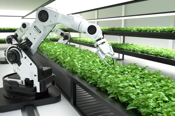 Akıllı robot çiftçiler, robot çiftçiler, tarım teknolojisi, çiftlik otomasyonu. 3B illüstrasyon
