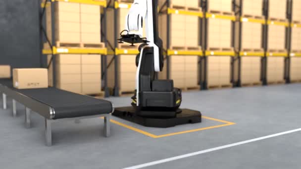Βραχίονας Ρομπότ Παίρνει Κιβώτιο Στην Αυτόνομη Μεταφορά Ρομπότ Στις Αποθήκες — Αρχείο Βίντεο