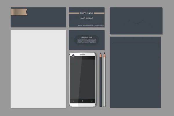 Mallar: blank, visitkort, smart telefon, brand-bok, penna, vektor illustration. — Stock vektor