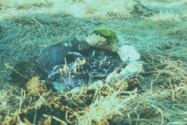 Bahar mevsiminde çayırda kamp ateşi.