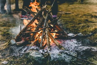 Bahar zamanı çayırda kamp ateşi.
