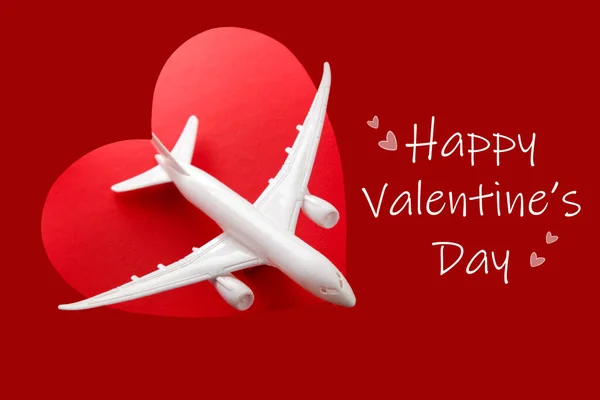 White Plane Red Background Heart Shape Text Happy Valentines Day — Stock Photo, Image