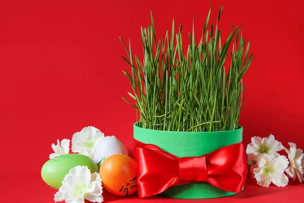 Persa Azerbaijão Nowruz Celebração Novruz Grama Trigo Ovos Flores Fundo — Fotografia de Stock