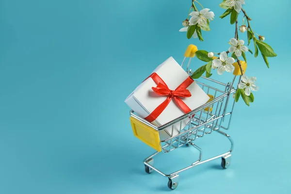 Winkelwagen, Geschenkdoos, Voorjaarsbloemen op blauwe achtergrond. Begrepen, ruimte. Voorjaarsverkoopconcept — Stockfoto