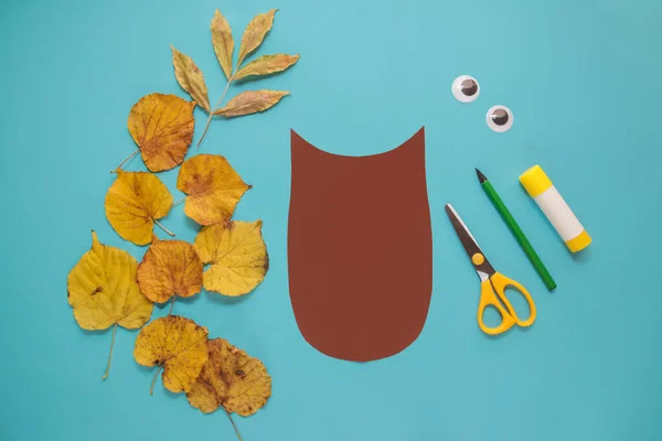 dry leaves applique art autumn. little child making autumn decoration Owl from leaves. Children\'s art project. DIY concept. Step-by-step photo instruction. Step1