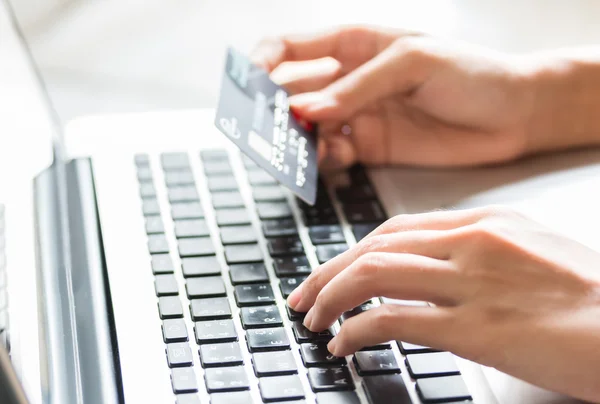 Young Woman Holding Credit Card Typing Line Shopping Internet Using Stock Picture