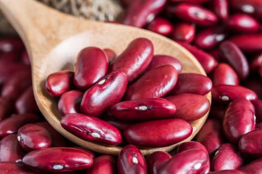 Tahta kaşıkta kırmızı böbrek fasulyesi.