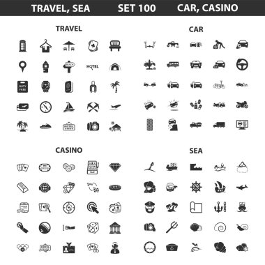 Travel, sea, casino set 100 black simple icons. Car, hotel icon design for web and mobile.