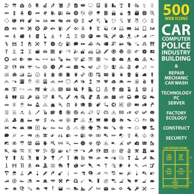 Car, automobile, vehicle set 500 black simple icons. Machine, repair, mechanic icon design for web and mobile.