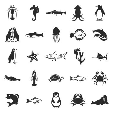 Sea, animal, fish 25 black simple icons. New collection of 25 modern fish , shark, whale icons 