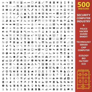 Security, computer, industry set 500 black simple icons. Police, hacker, guard icon design for web and mobile.