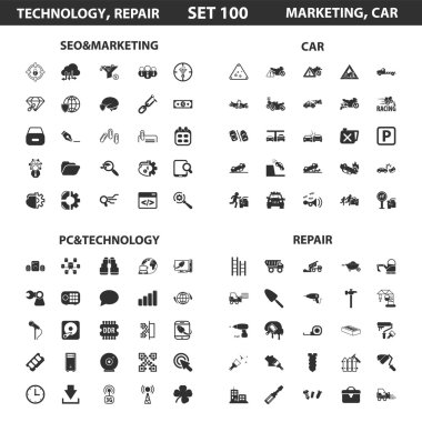 Seo, marketing set 100 black simple icons.Pc, technology, car, repair icon design for web and mobile.