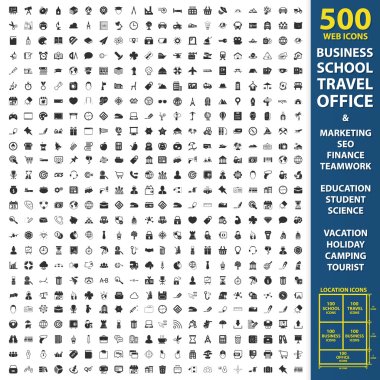 Business, school, travel set 500 black simple icons. Office, marketing, seo icon design for web and mobile.