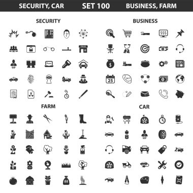 Security,car set 100 black simple icons.Business, farm icon design for web and mobile.