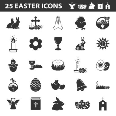 Easter, holy 25 black simple icons set for web