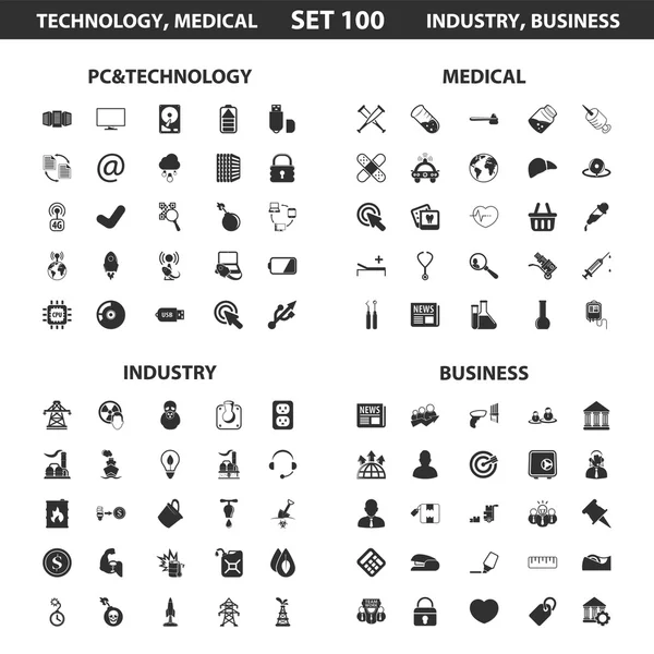 PC, conjunto de tecnología 100 iconos negros simples. Médico, industria, diseño de iconos de negocio para web y móvil . — Vector de stock