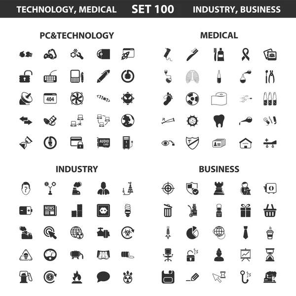 Pc, technology set 100 black simple icons. Medical, industry, business icon design for web and mobile. — Stockový vektor