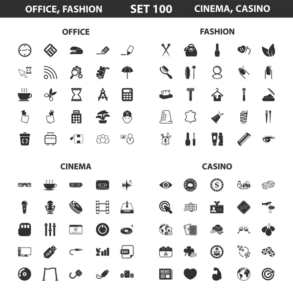 Office, fashion set 100 black simple icons. Fashion, cinema, casino icon design for web and mobile. — Stockový vektor