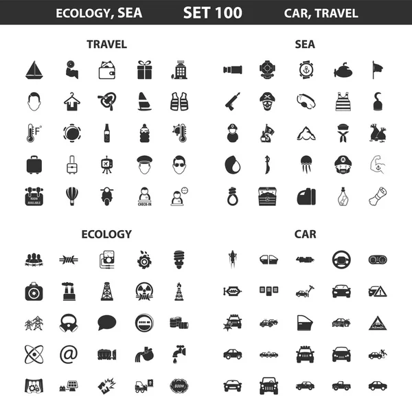 Ecology, sea set 100 black simple icons. Ocean, car icon design for web and mobile. — Stock Vector