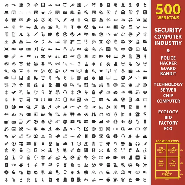 Security, computer, industry set 500 black simple icons. Police, hacker, guard icon design for web and mobile. — Stok Vektör