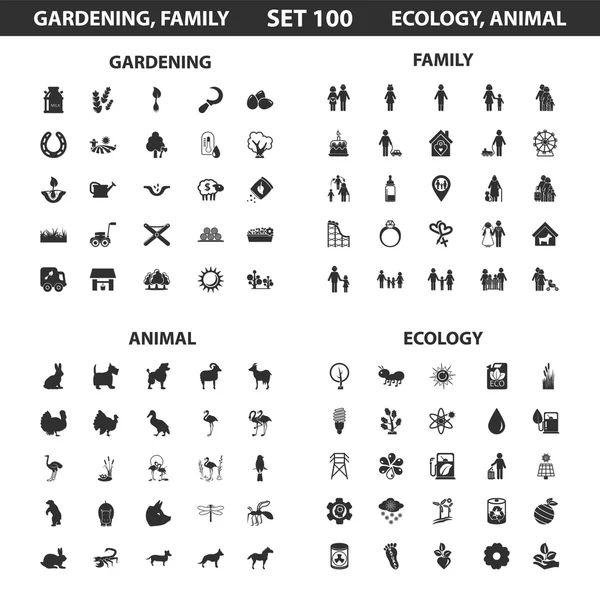 Ecology, family set 100 black simple icons. Gardening, animal icon design for web and mobile. — Stockový vektor
