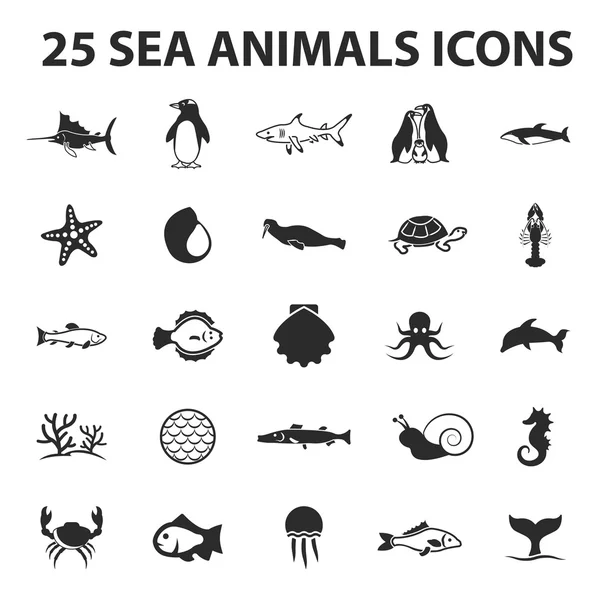 Laut, hewan, ikan 25 ikon hitam sederhana. Koleksi baru dari 25 ikan modern, hiu, ikon paus - Stok Vektor